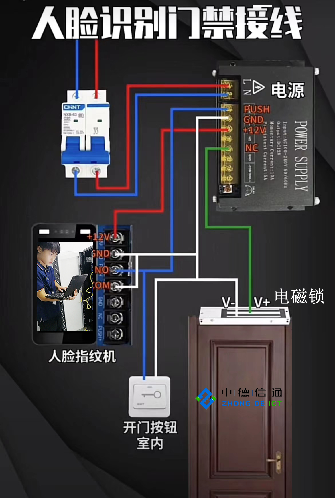 门禁主机跟门禁电源接线